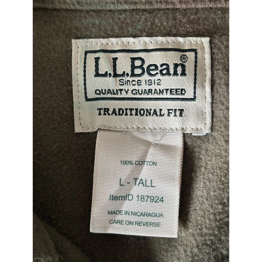 L.L.Bean Chamois Cloth Shirt Men's Large Tall Olive Green Heavy Flannel Shacket